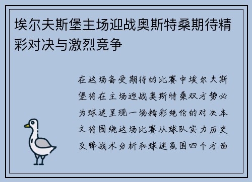 埃尔夫斯堡主场迎战奥斯特桑期待精彩对决与激烈竞争