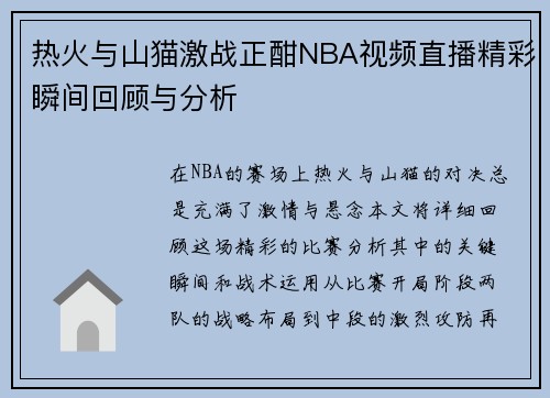 热火与山猫激战正酣NBA视频直播精彩瞬间回顾与分析