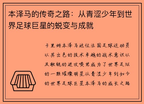 本泽马的传奇之路：从青涩少年到世界足球巨星的蜕变与成就