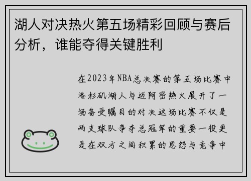 湖人对决热火第五场精彩回顾与赛后分析，谁能夺得关键胜利