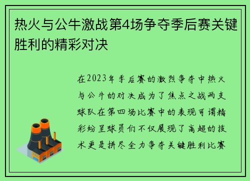 热火与公牛激战第4场争夺季后赛关键胜利的精彩对决