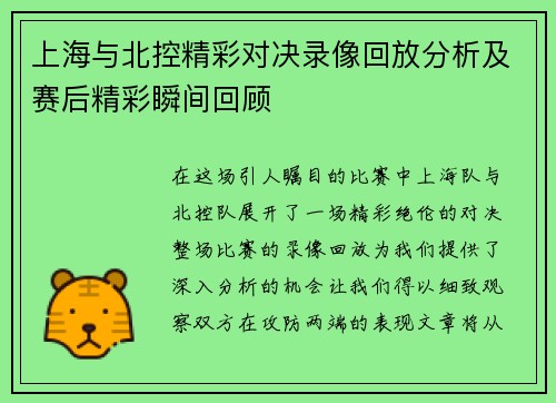 上海与北控精彩对决录像回放分析及赛后精彩瞬间回顾