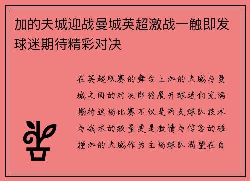 加的夫城迎战曼城英超激战一触即发球迷期待精彩对决