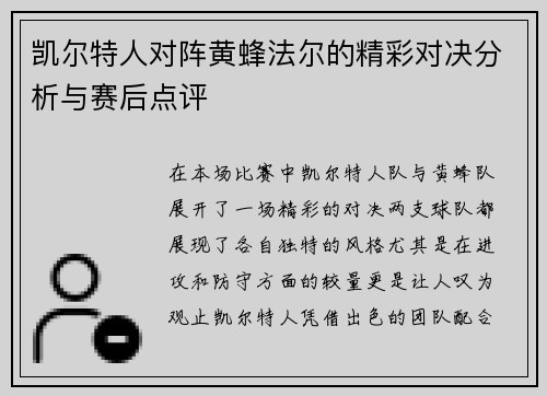 凯尔特人对阵黄蜂法尔的精彩对决分析与赛后点评