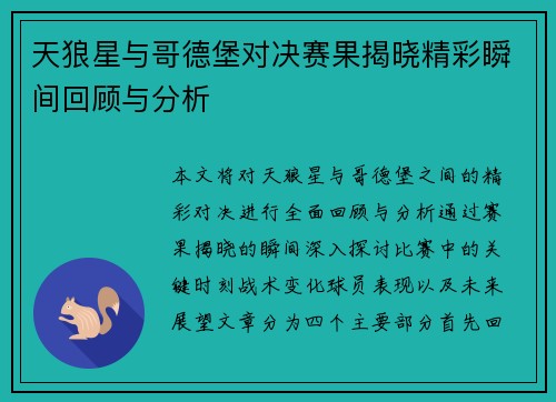 天狼星与哥德堡对决赛果揭晓精彩瞬间回顾与分析