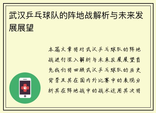 武汉乒乓球队的阵地战解析与未来发展展望