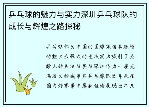 乒乓球的魅力与实力深圳乒乓球队的成长与辉煌之路探秘