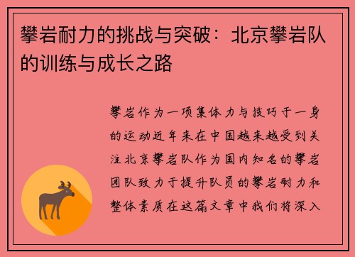 攀岩耐力的挑战与突破：北京攀岩队的训练与成长之路