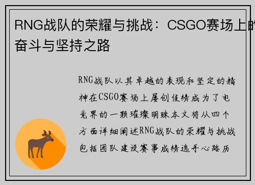 RNG战队的荣耀与挑战：CSGO赛场上的奋斗与坚持之路