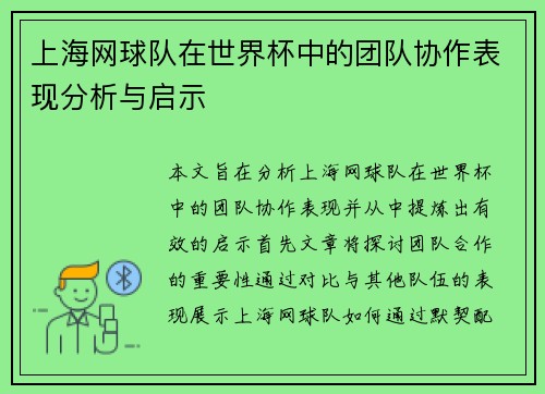 上海网球队在世界杯中的团队协作表现分析与启示
