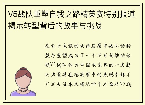 V5战队重塑自我之路精英赛特别报道揭示转型背后的故事与挑战