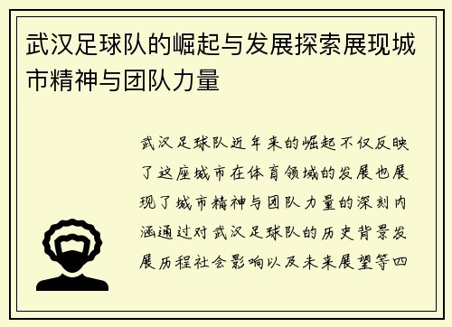 武汉足球队的崛起与发展探索展现城市精神与团队力量