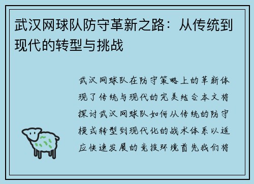 武汉网球队防守革新之路：从传统到现代的转型与挑战